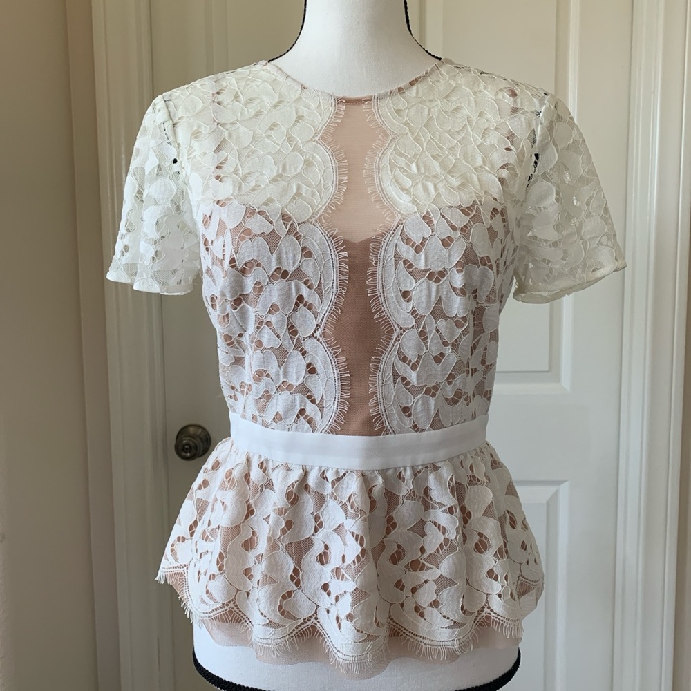 BCBGMaxAzria White Lace Peplum Blouse